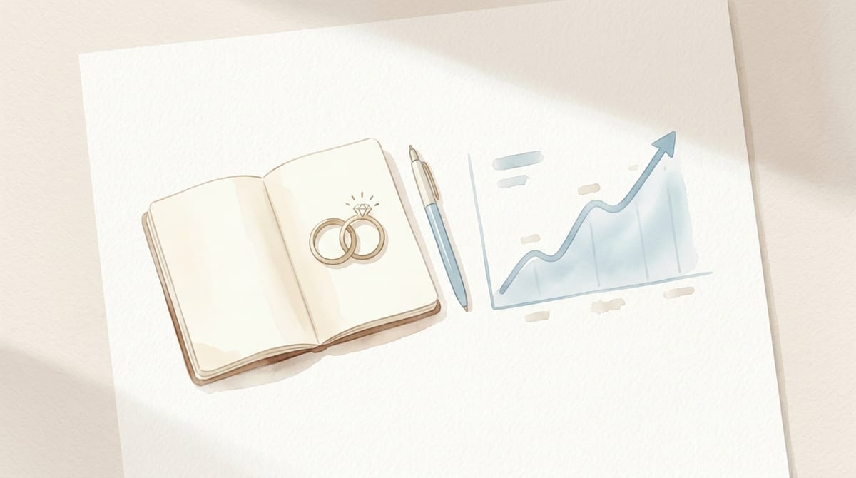 質感のある紙の上に、結婚指輪とノート、ペン、そして緩やかな上昇を示すグラフが描かれた、落ち着いた水彩画風のイラスト。